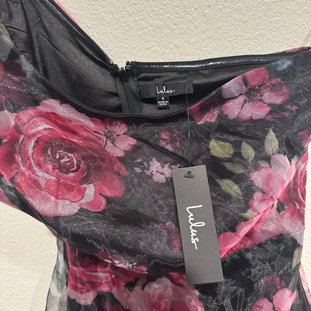 NEW lulus black pink regal organza tiered rose floral one shoulder gown dress - Picture 6 of 10